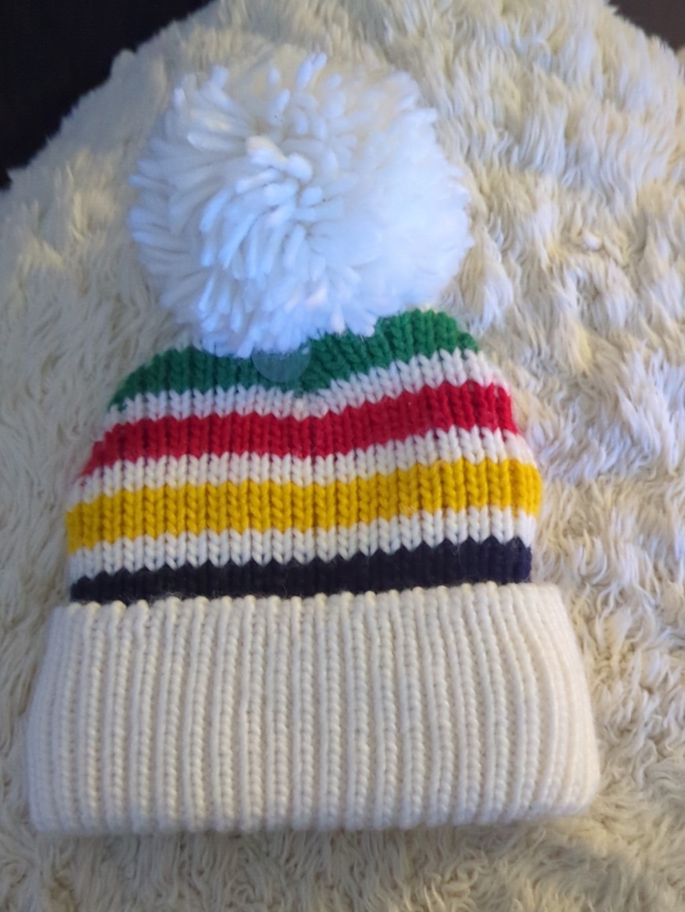 HBC Stripes Kids Pom Pom Knit Beanie Hat in White with Colorful Stripes